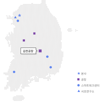 ★ 본사 : 서울 / ■ 공장,스마트워크센터 : 충추, 대전, 김천 / ● 스마트워크센터 : 군포, 죽전, 충주, 대전, 김천, 대구, 광주, 부산  / ▲생활혁신 연구소 : 죽전 중 ★본사 